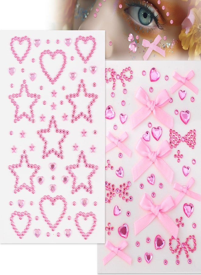 SmallCat 2 Sheets Bow Face Gems Stickers, Heart Rhinestones Hair Jewerl, Self Adhesive Crystal Acrylic Gems Sticker for Wedding Dating Party Face Hair Body Decoration- Pink - Image 1